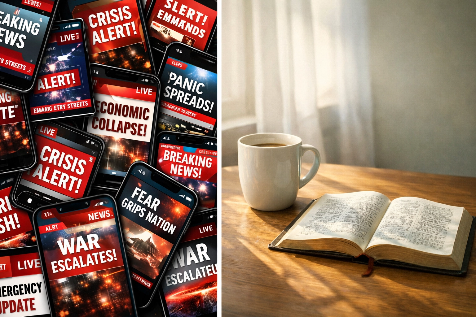 Chaotic news alerts contrasted with peaceful Bible and coffee representing calm Christian news consumption