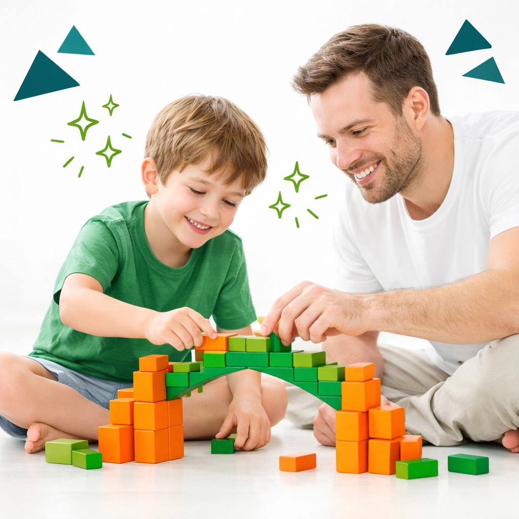 Father and son building a bridge together, representing strong foundations in life skills for kids.