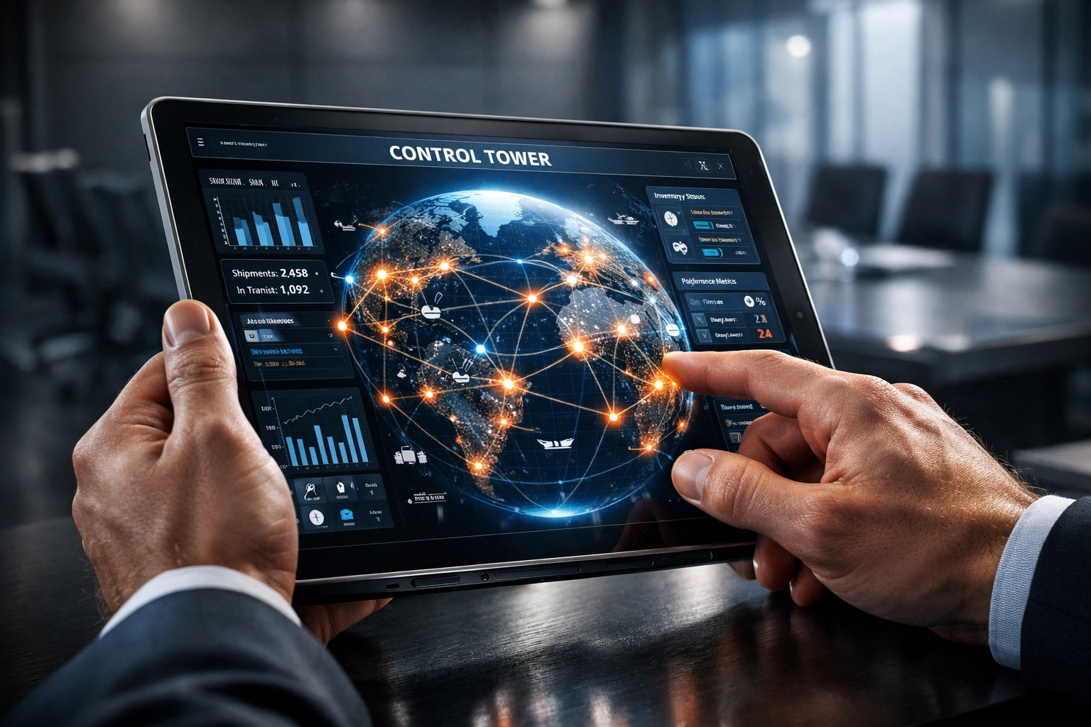 A professional using a supply chain control tower tablet to coordinate multiple third party logistics providers.