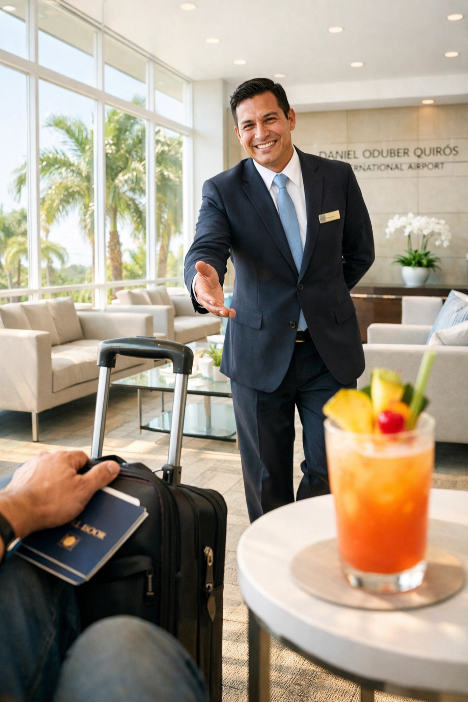 VIP LIR airport shuttle concierge greeting a traveler in a modern lounge for a stress-free arrival experience.