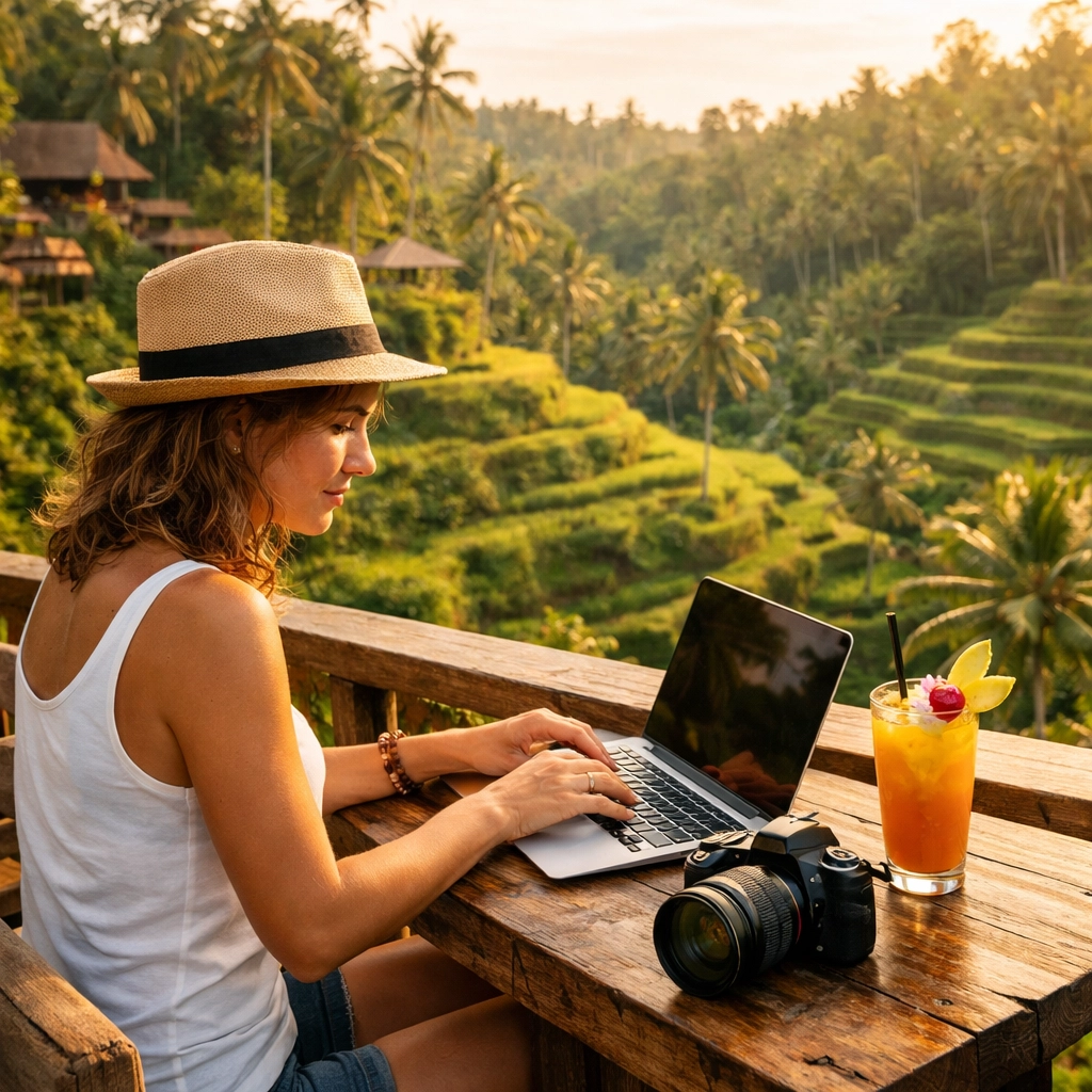 How to Compress Professional Photos in Seconds Using Pixel-Shrink.com 3 Travel photographer using a laptop in Bali to optimize professional photos for the web.