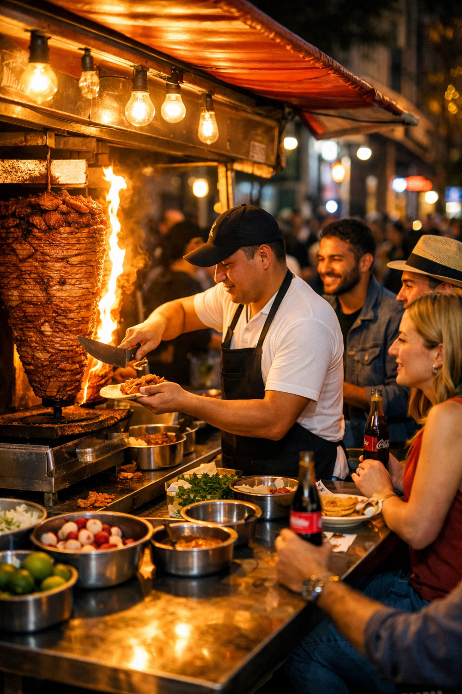 A lively street taco stand at night in Mexico City, featuring authentic al pastor tacos for budget travelers.