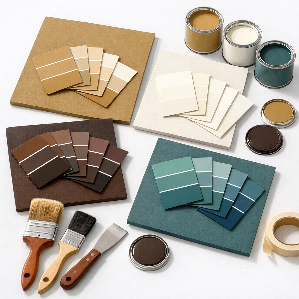 2026 trending exterior paint color swatches including warm neutrals and blues