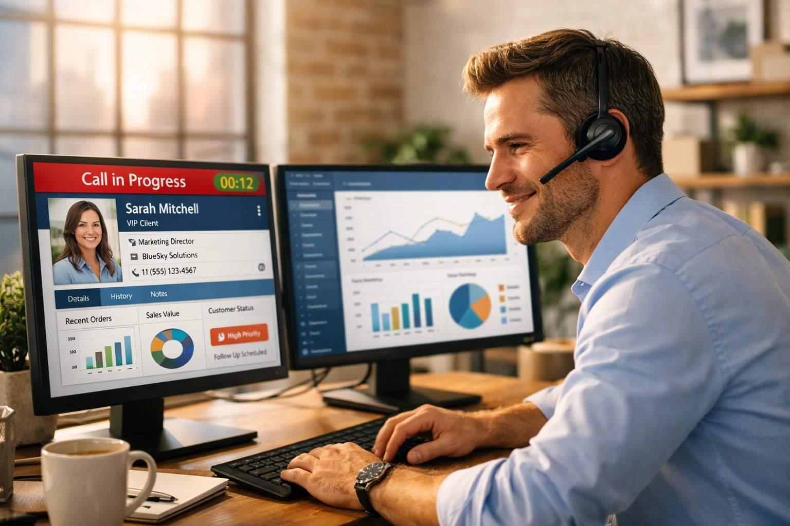 Sales professional in a modern office using Cloud PBX Canada to manage customer calls efficiently.