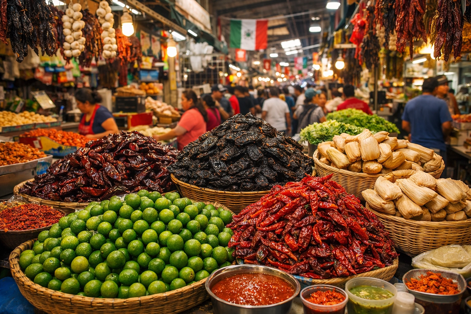 Vibrant food stall at Mercado de La Merced featuring fresh tamales and dried chilies.