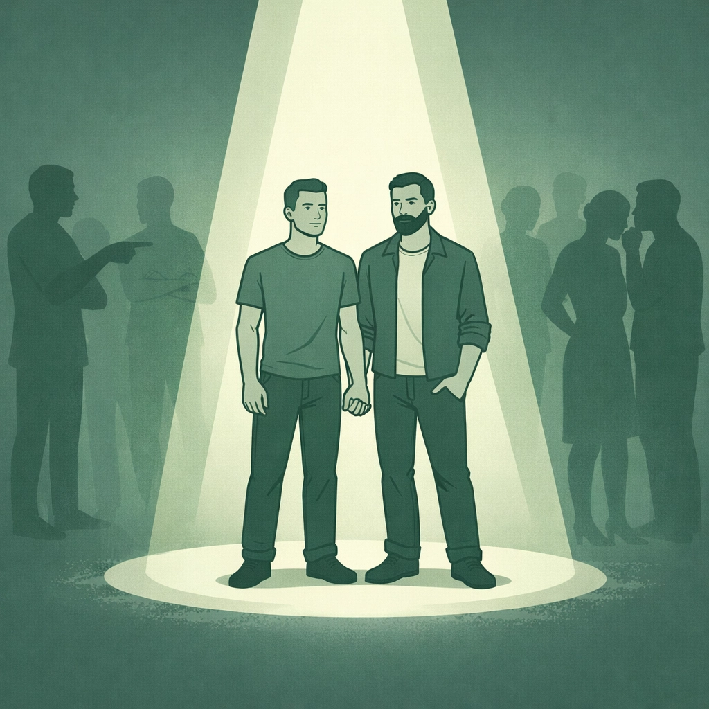 Two men in MM relationship standing confidently despite judgment, representing bisexual visibility