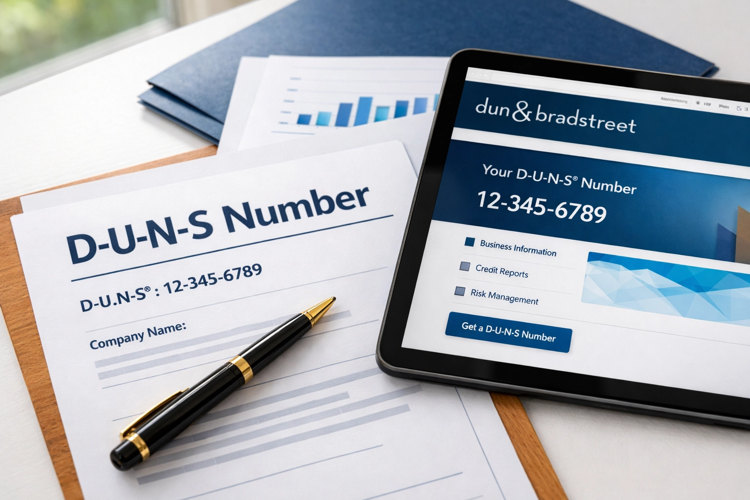D-U-N-S Number business documents with pen on organized desk