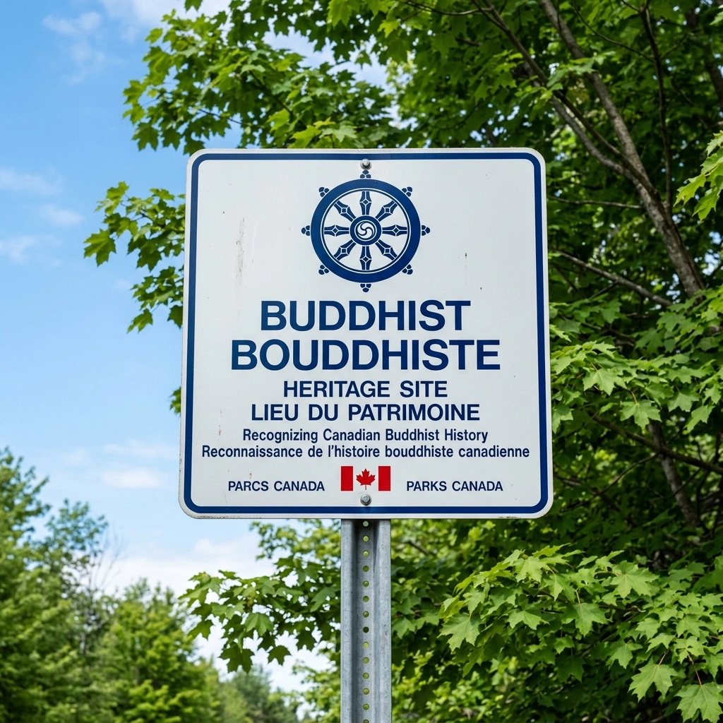 The Dharma Chakra road sign in Canada, a symbol of official heritage recognition