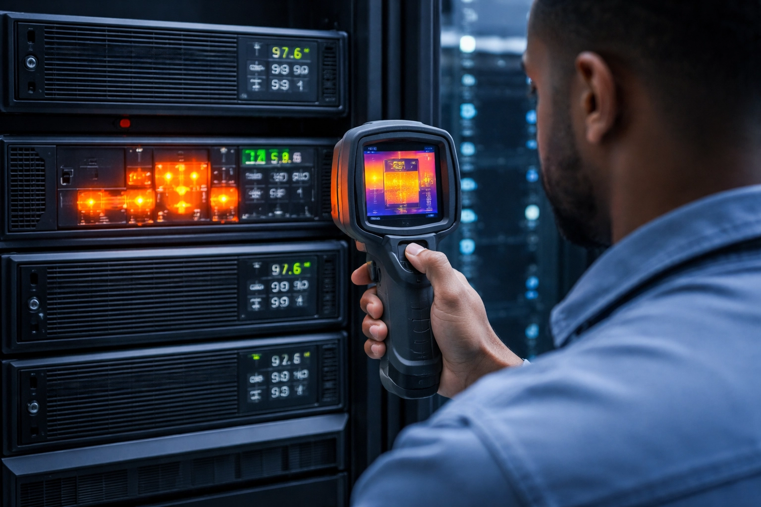 Technician scans UPS battery system in a data center using a thermal camera for heat risk
