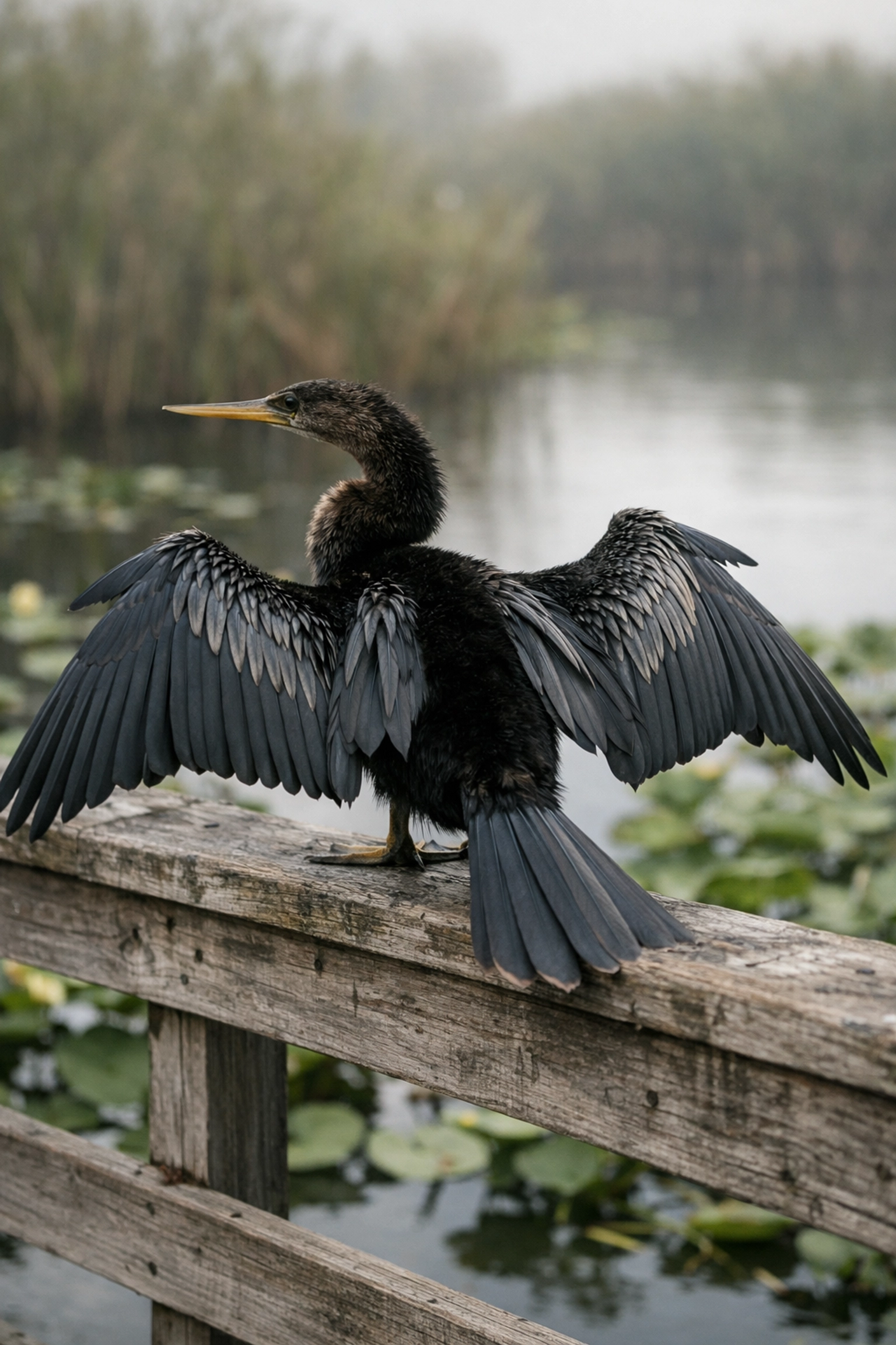 Anhinga bird drying its wings on a boardwalk at Anhinga Trail in Everglades National Park.