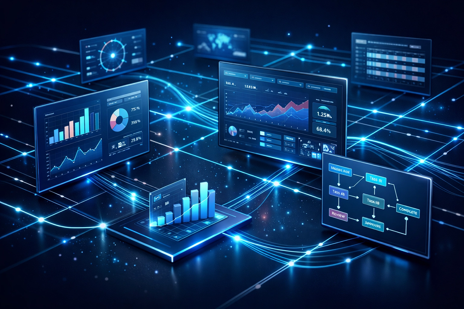 Can AI Integration Services Really Help You Scale Faster? Find Out Here 2 AI integration services connecting business workflows and data dashboards for faster scaling