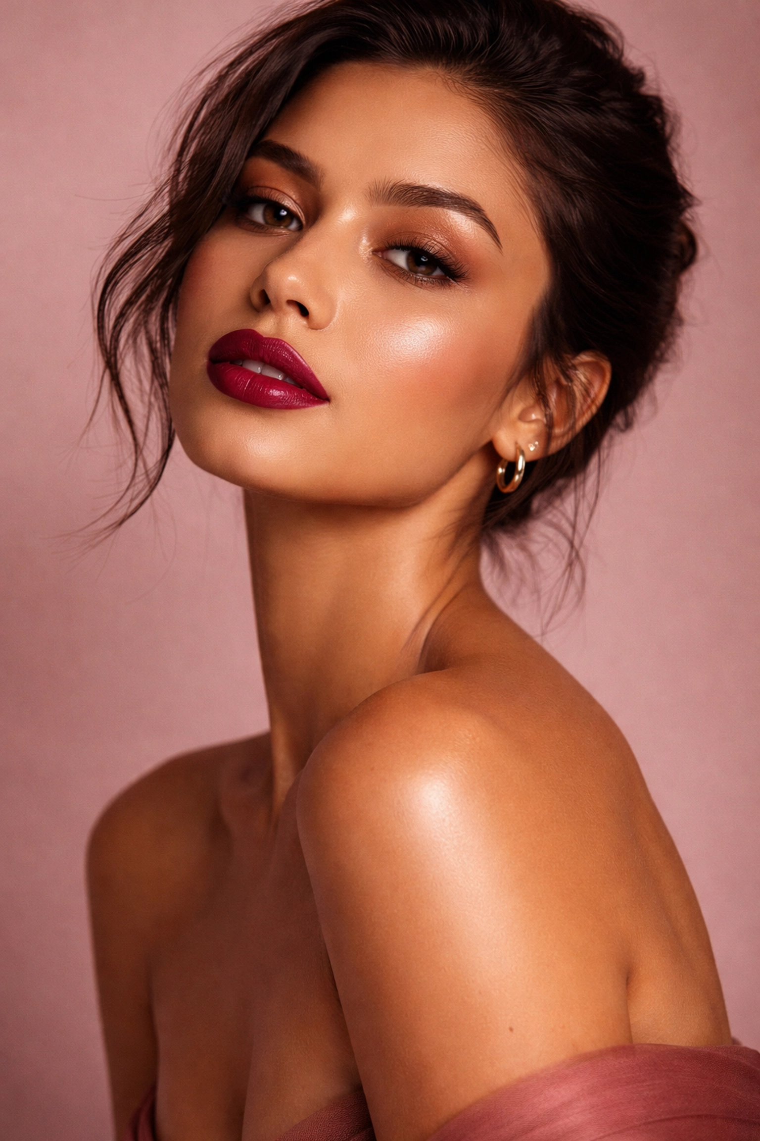 Editorial shot of a woman with medium skin tone in luxurious plum lipstick, highlighting chic, bold lip color trends.