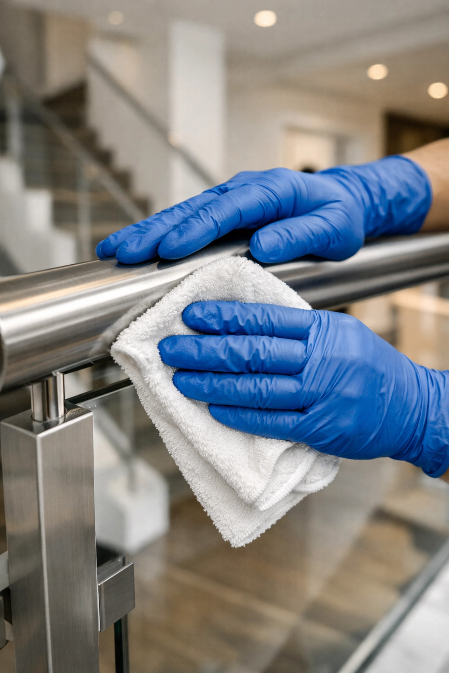 Professional cleaner wearing safety gloves wiping down a modern railing during post-construction cleaning in Franklin.