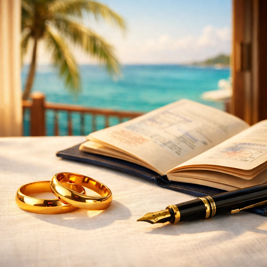 Gold wedding rings and a passport representing destination wedding legal requirements and travel.