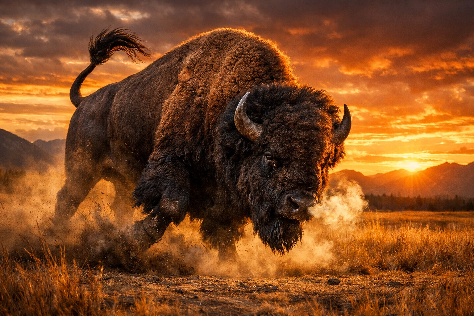 Agitated American bison in Yellowstone showing warning signs like a raised tail and pawing the dirt.