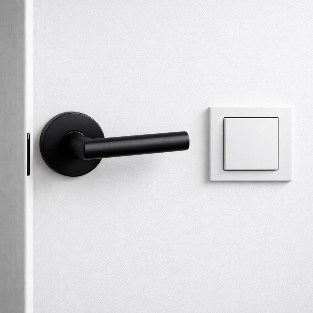 Clean light switch and door handle showing high-touch point disinfection for apartment turnovers.