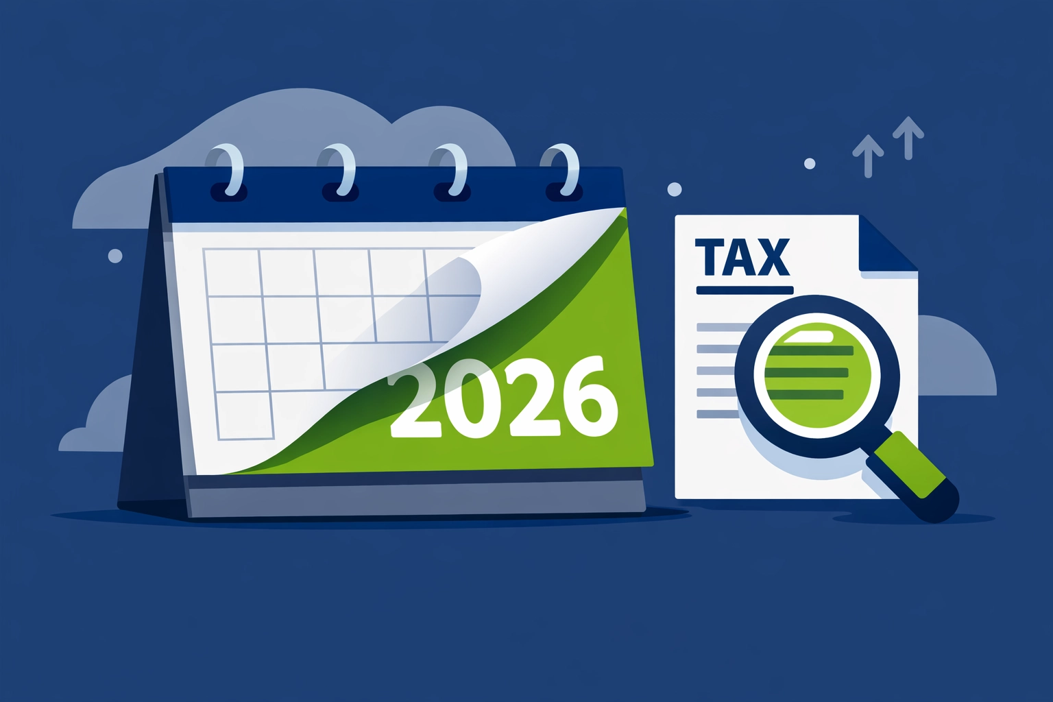 Magnifying glass examining 2026 tax updates and new Connecticut tax law changes on a calendar.