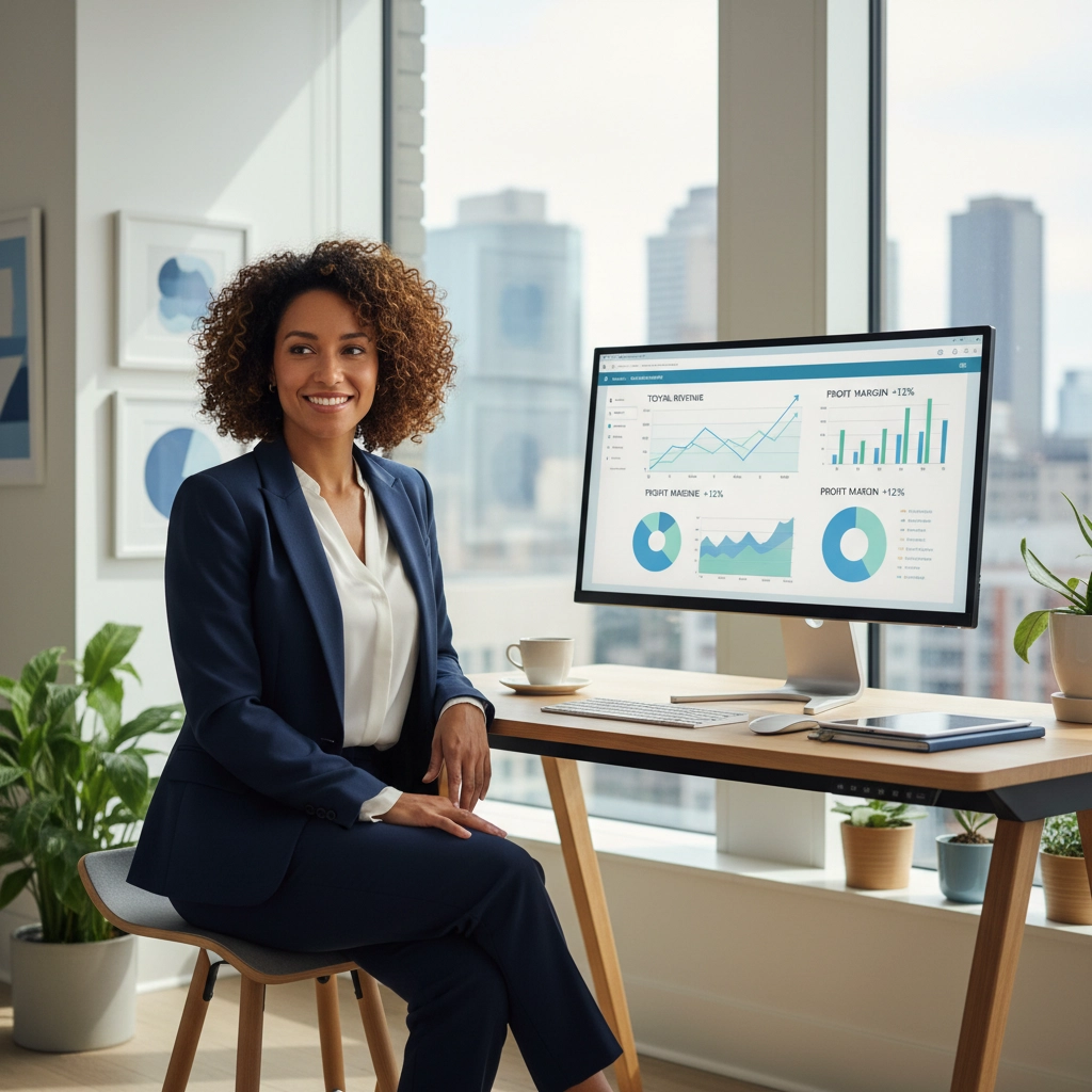 A business professional smiling while sitting at a desk with a computer displaying financial charts and graphs in a modern office with city views.