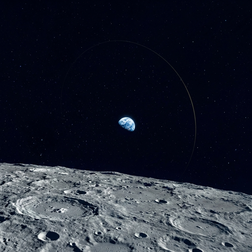 View of the Moon and distant Earth from deep space, illustrating Artemis II lunar trajectory