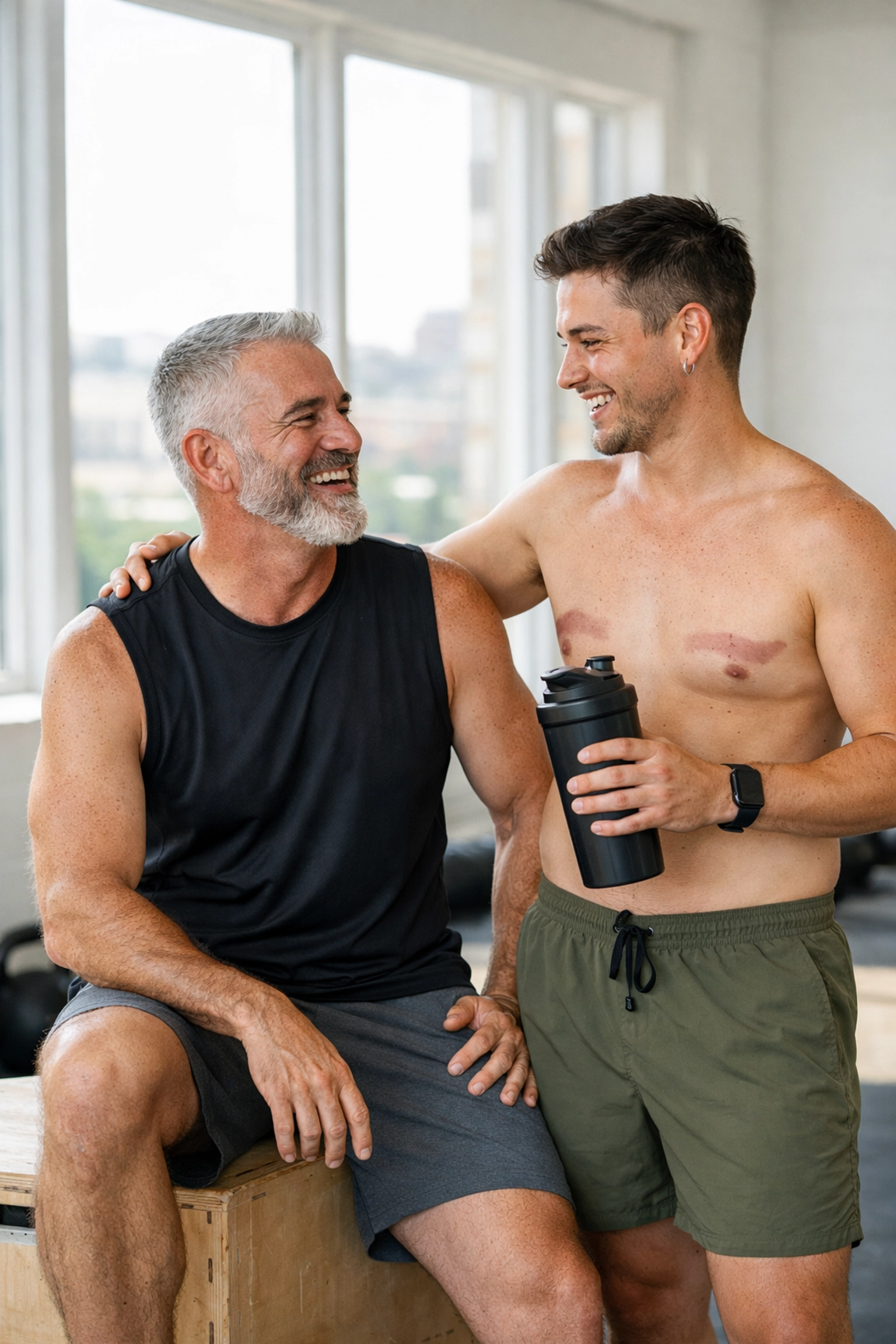 Diverse gay gym partners sharing a supportive smile, highlighting inclusive body-positive themes in gay romance books.