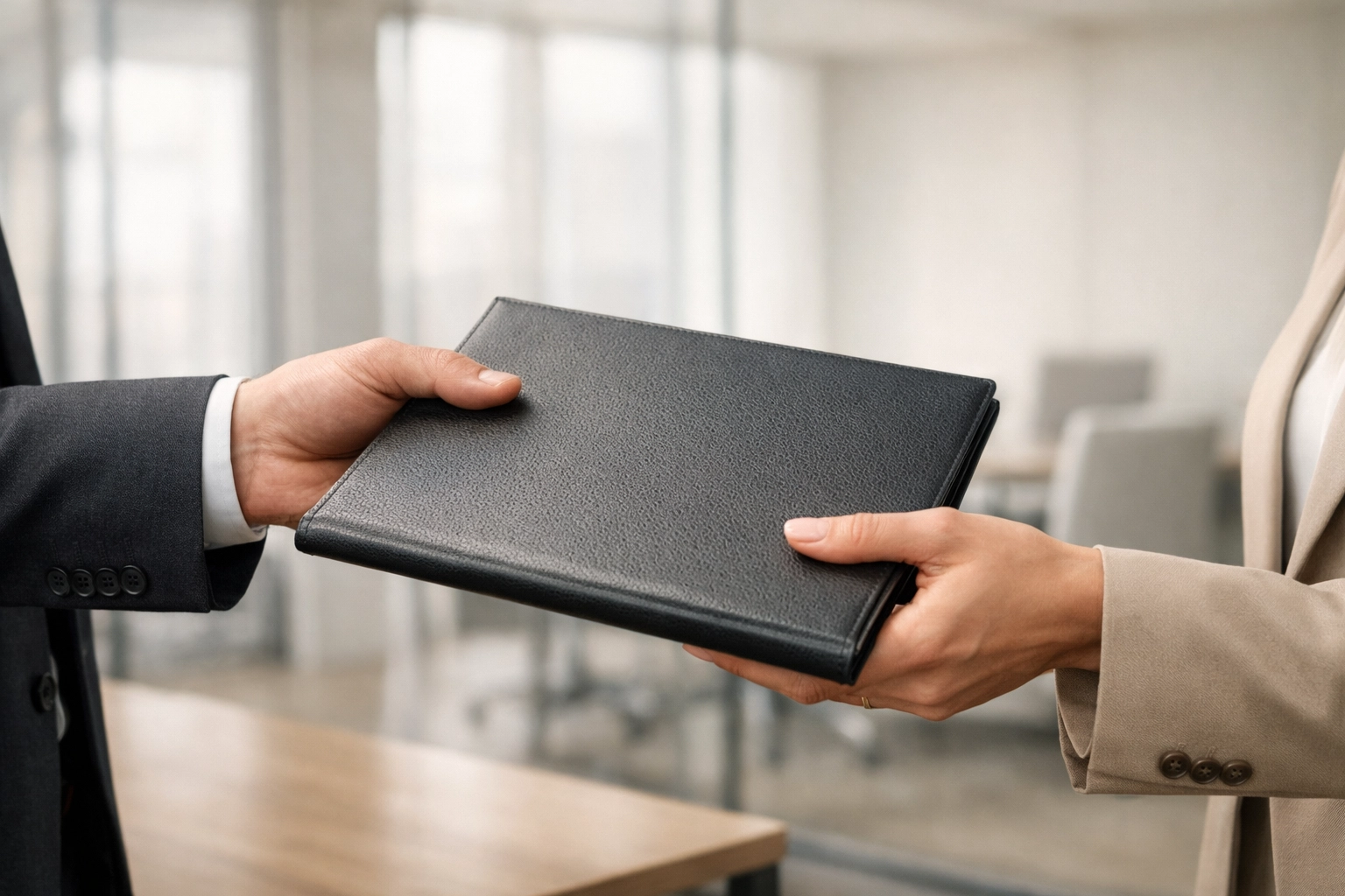 Tax professionals exchanging documents representing audit protection and professional partnership.