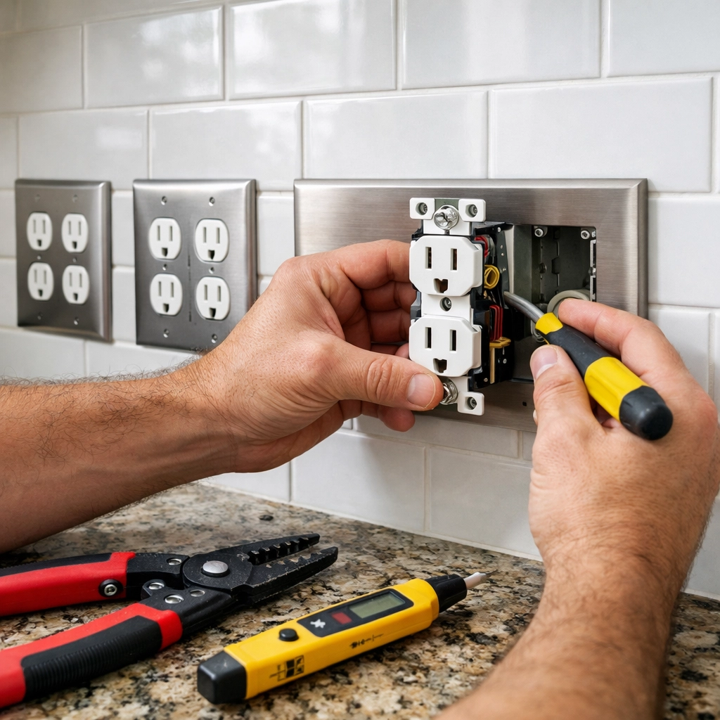 Professional electrician installing kitchen outlets during home building project