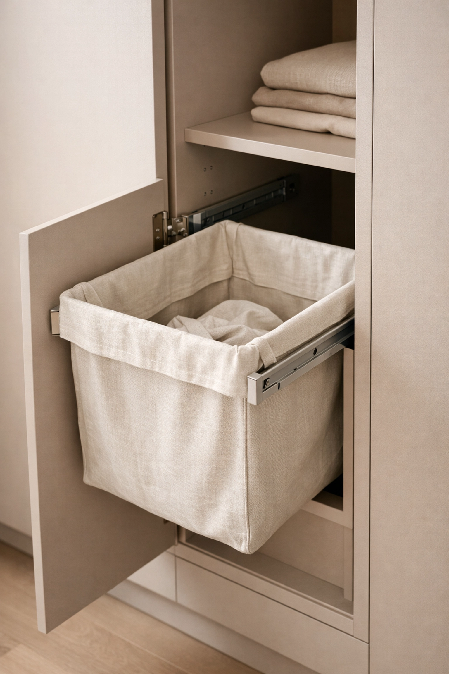 Integrated laundry hamper hidden within a luxury bespoke fitted wardrobe.