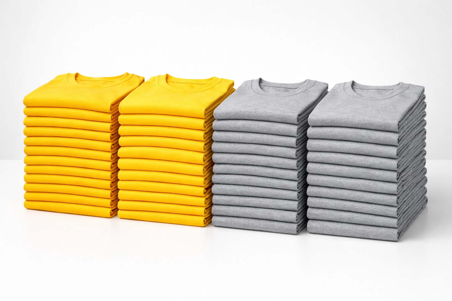 Neatly folded stacks of bulk custom t-shirts in team colors for youth sports league ordering.