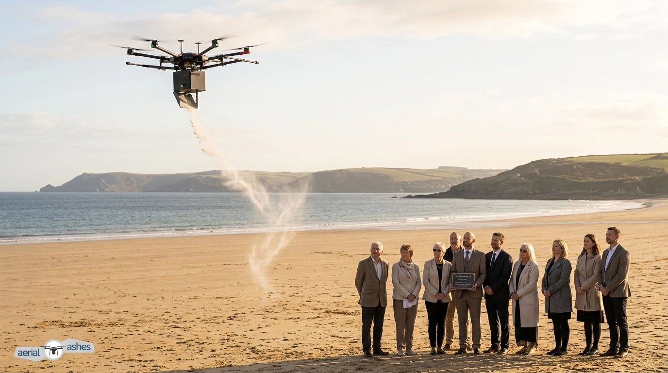 A drone releasing ashes gracefully over the water at Par Sands