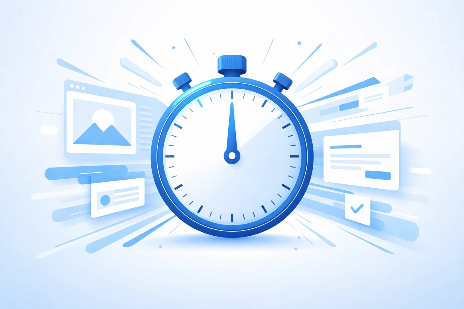 Vector image of stopwatch with fast-moving website elements, representing fast mobile page loading