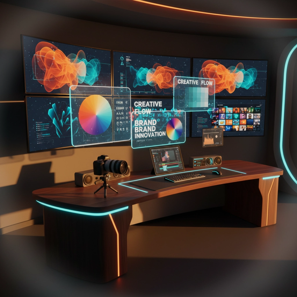 A futuristic, high-tech workspace featuring multiple digital screens displaying vibrant data visualizations and creative content, integrated with advanced editing tools and camera equipment for multimedia production.


