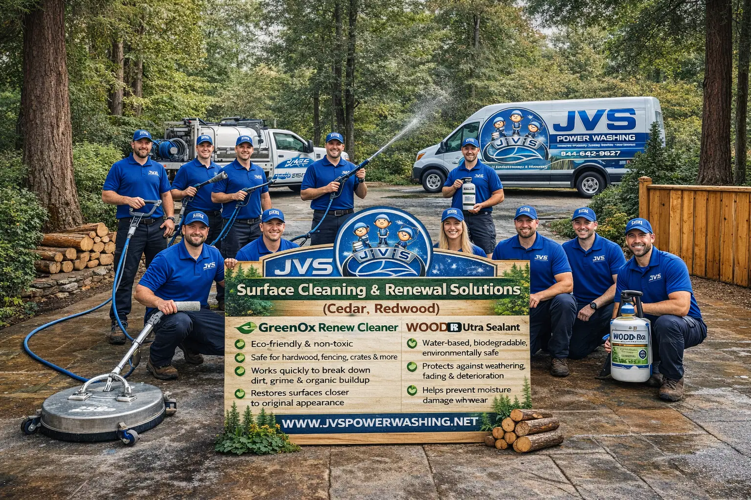JVS Power Washing team in uniform poses with professional power washing equipment in front of branded vans