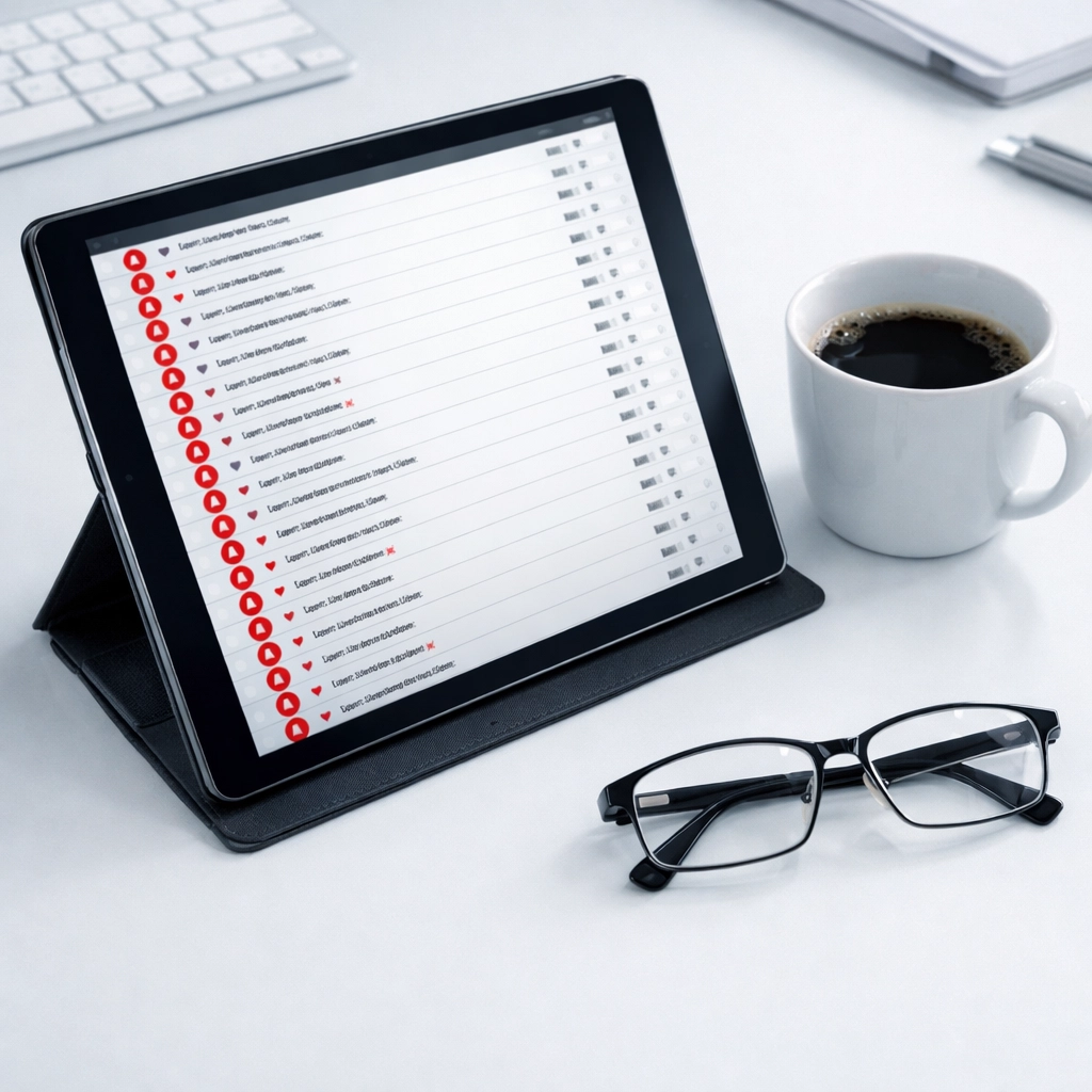 Tablet displaying RCM automation errors and claim exceptions on a professional office desk.