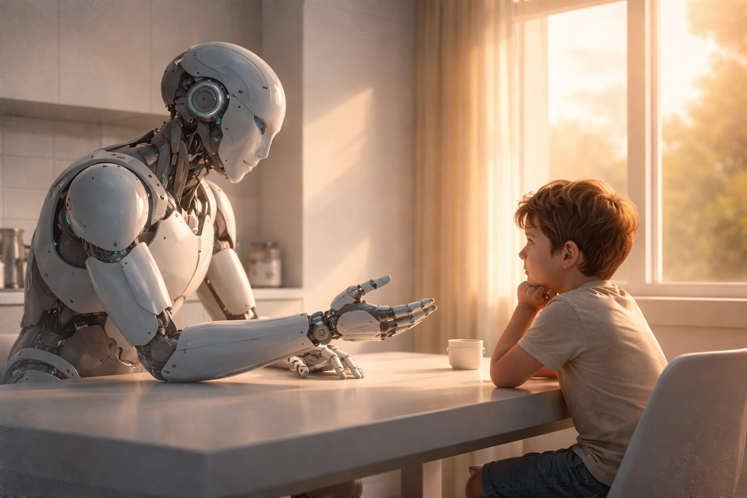 AI robot reaching toward child at kitchen table depicting M3GAN 2.0 themes of AI and parenting ethics
