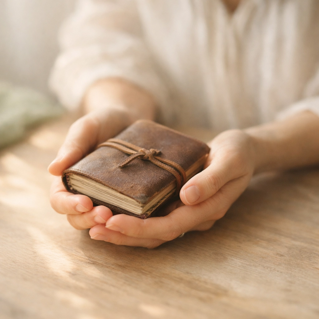 Woman's hands gently holding journal symbolizing self-retrieval and reclaiming lost parts of identity