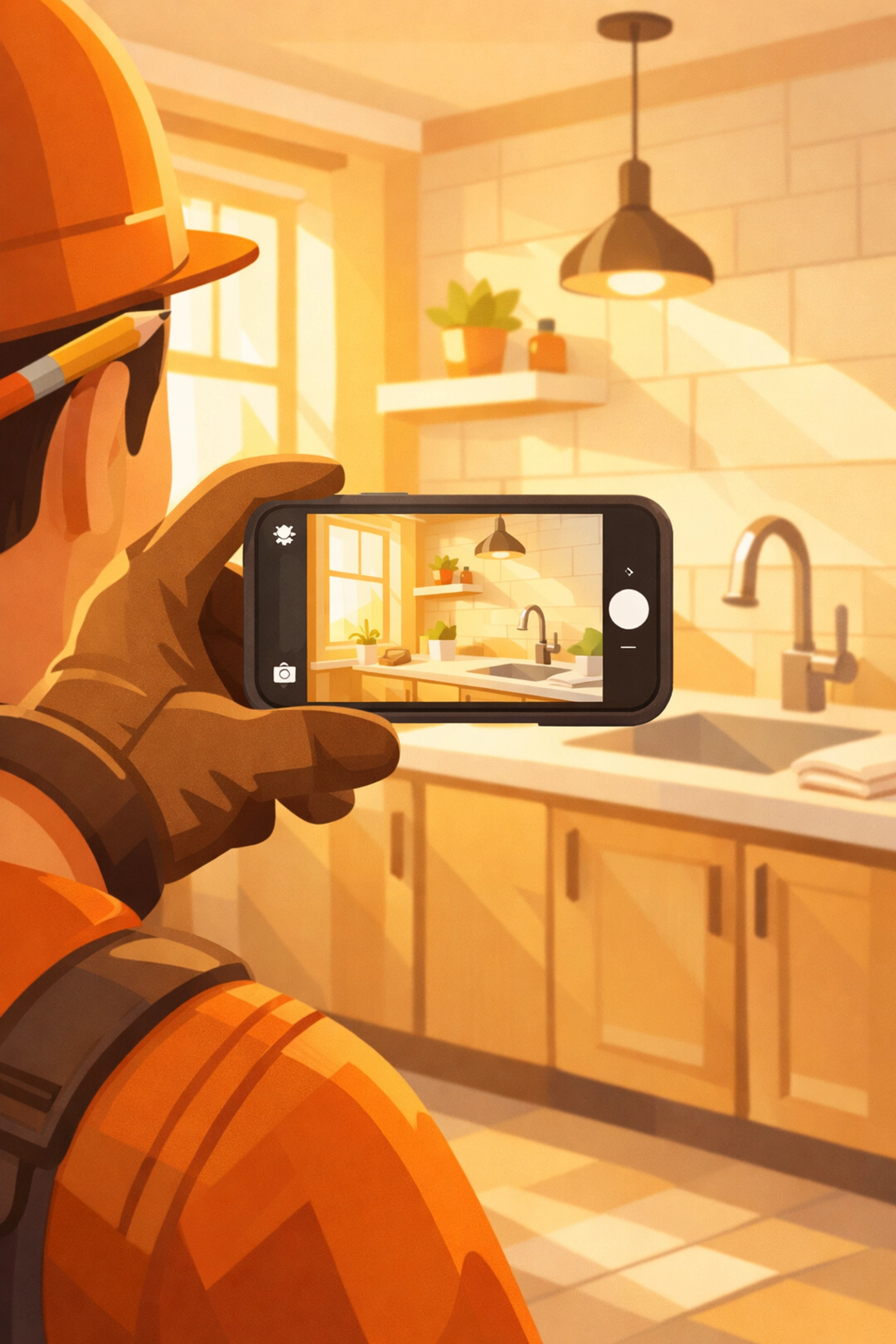 Contractor taking before and after photos of workspace using smartphone for documentation