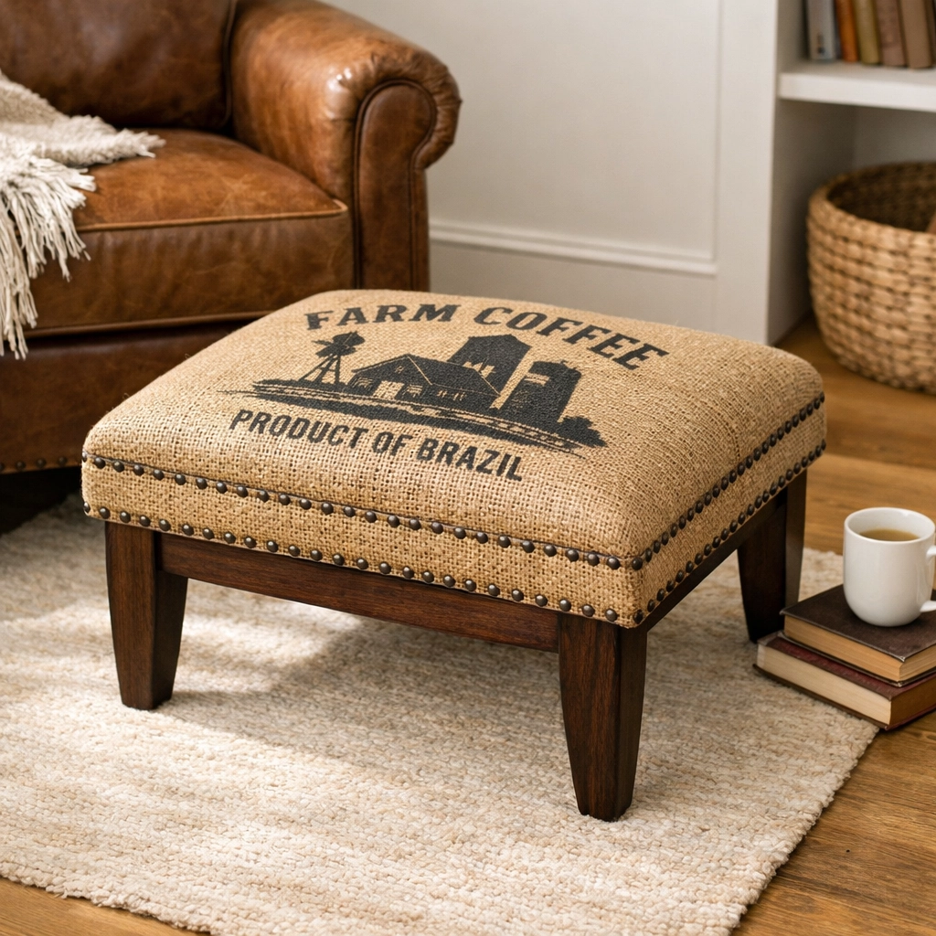 Vintage coffee sack upholstered footstool in a cozy reading nook, showcasing rustic furniture decor.