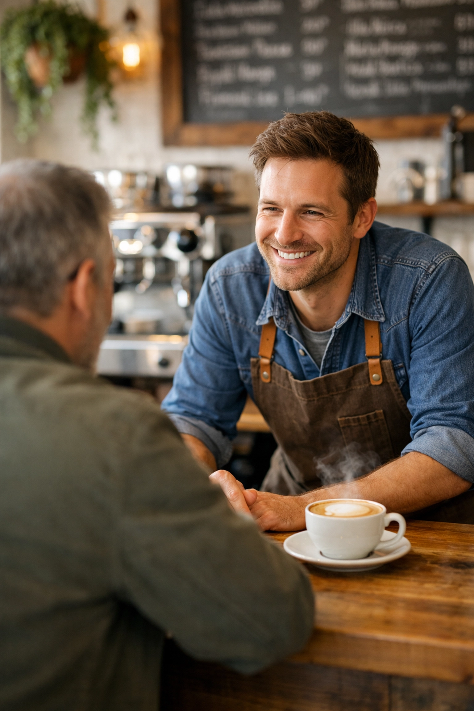 Barista engaging with regular customer at café counter building community relationships