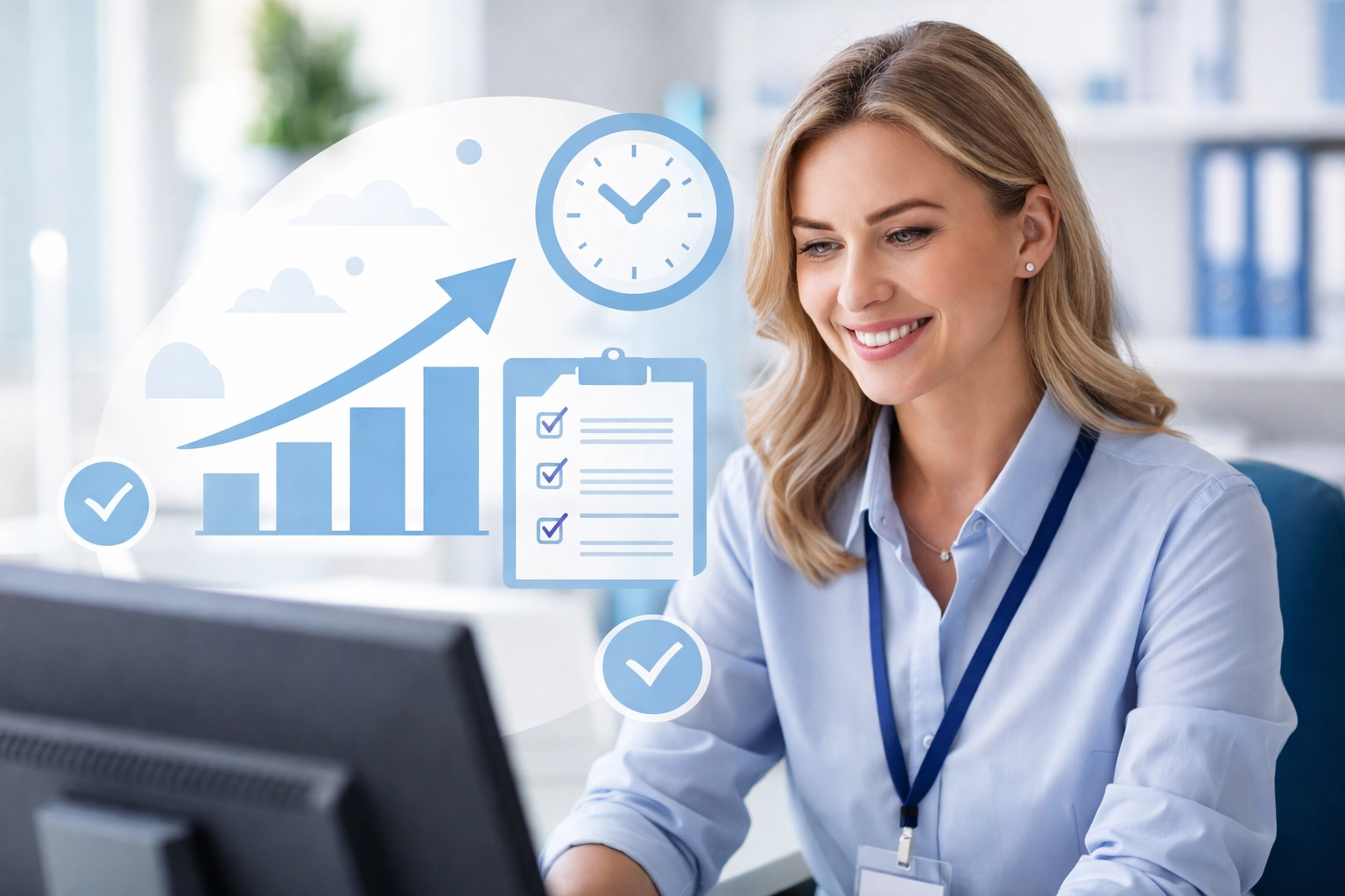 Skilled nursing admissions coordinator at computer with graphs, showing benefits of AI admissions software speed and accuracy.