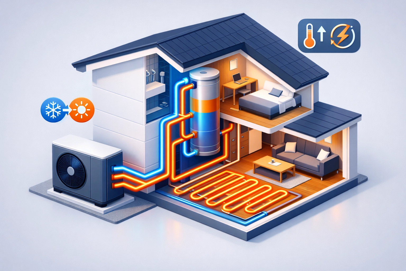 Isometric illustration of an air source heat pump system with underfloor heating for a Surrey home.