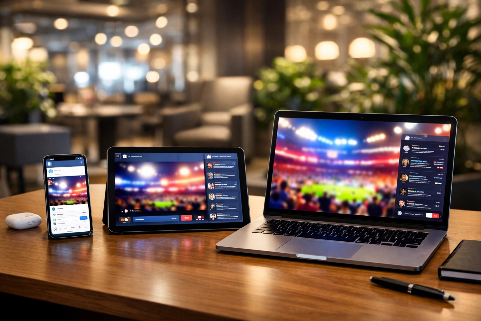 Digital devices on a desk showing a multi-platform Super Bowl marketing strategy for corporate brand engagement.