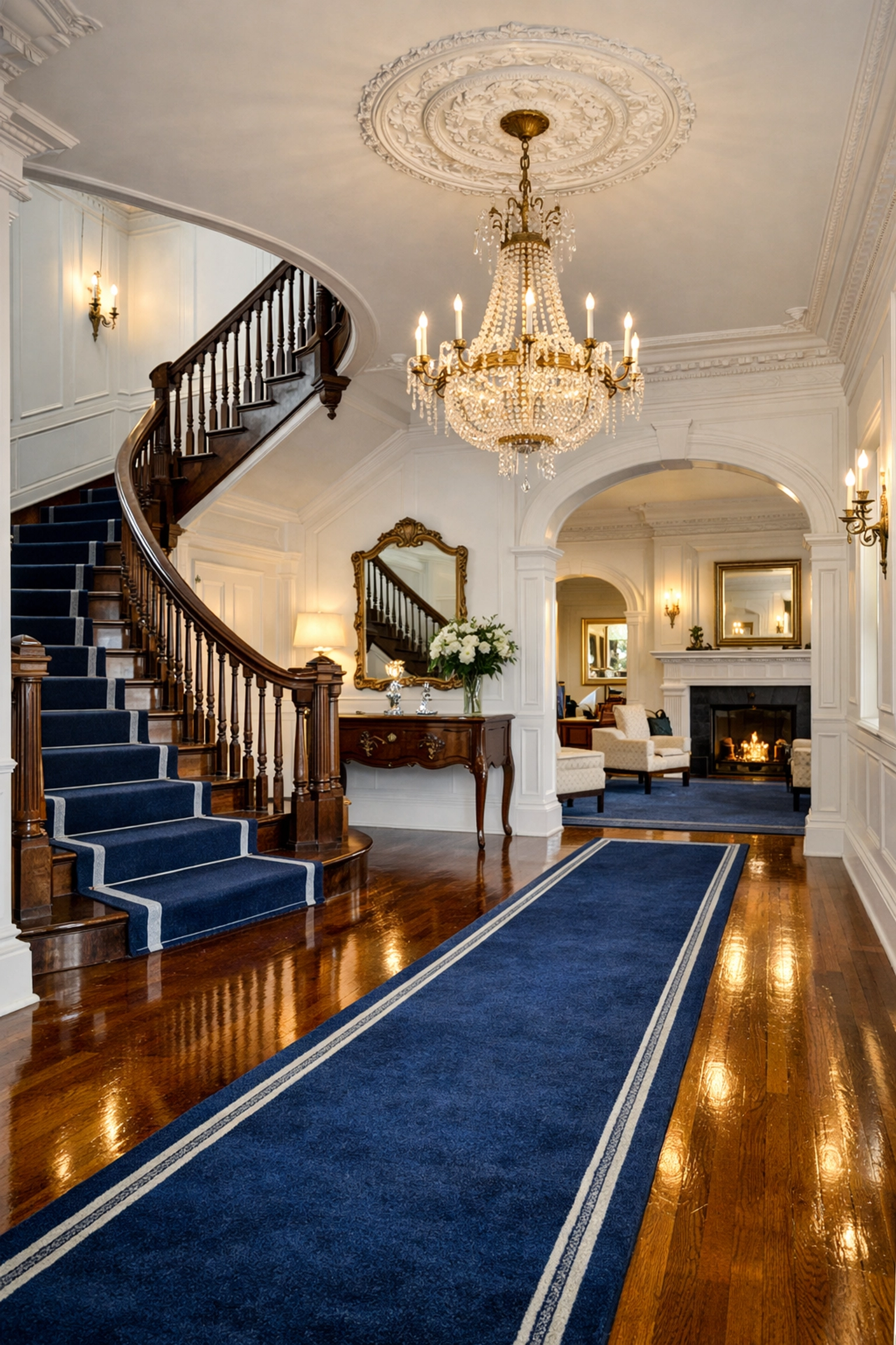 Polished hardwood floors and grand staircase in a historic Newton Victorian manor foyer.