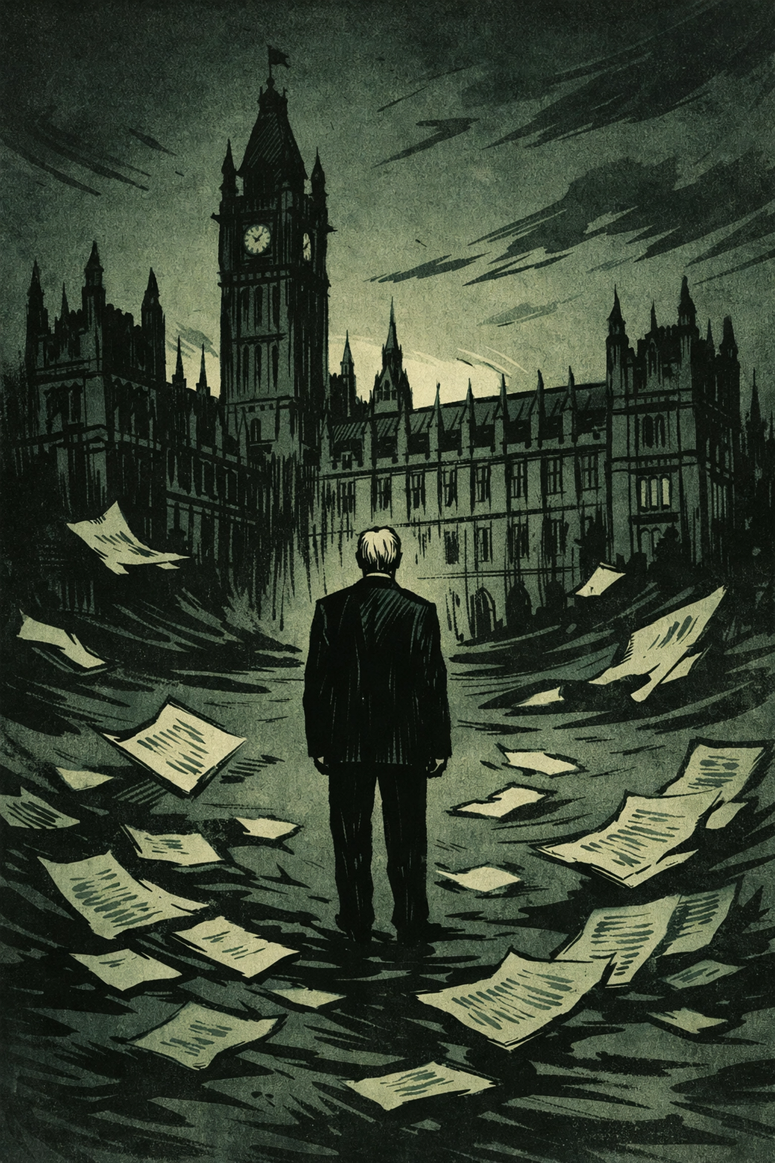 Politician stands alone before parliament building with newspapers - ruined legacy in gay novel