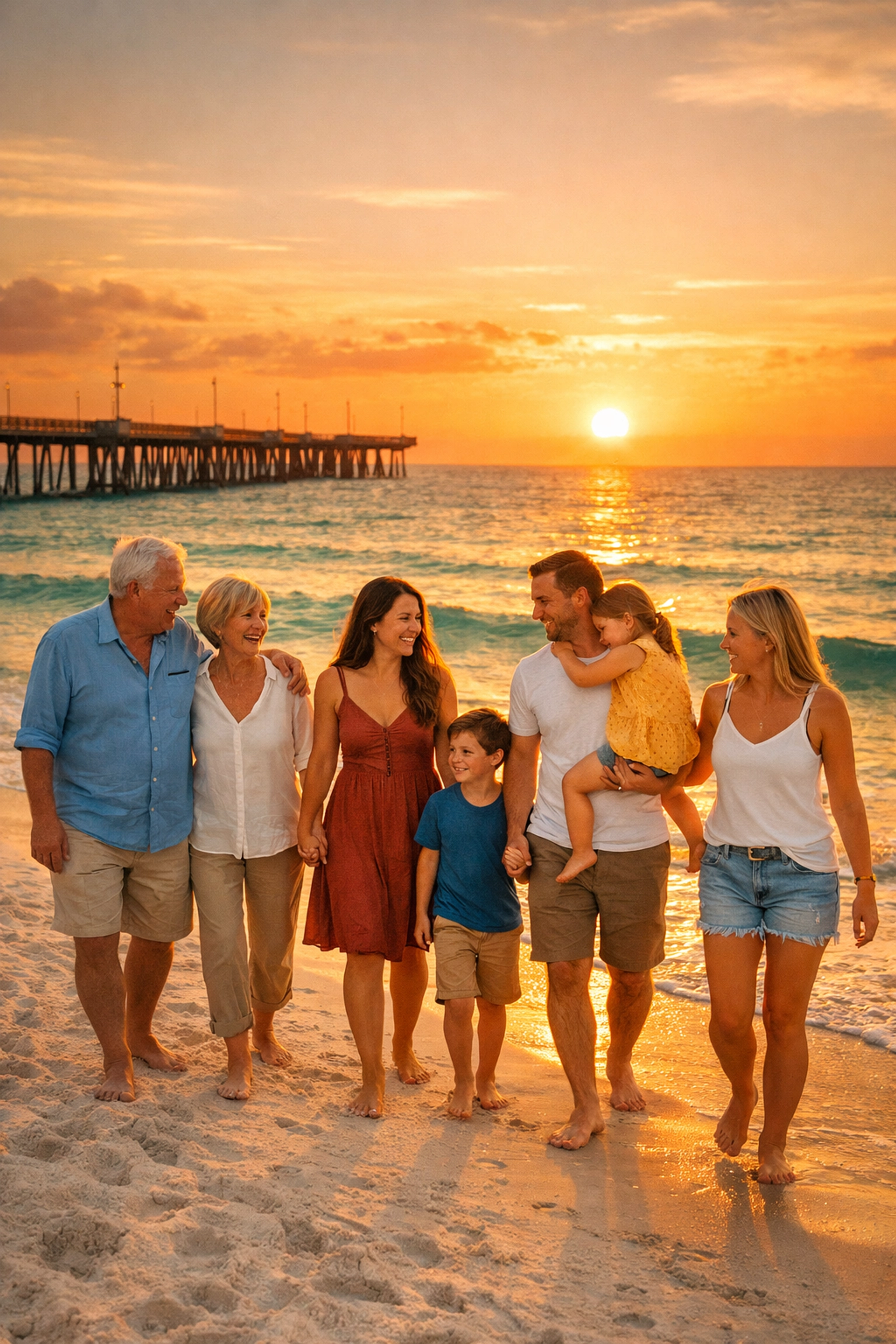 Multigenerational family on Venice Beach at sunset representing family life insurance protection.