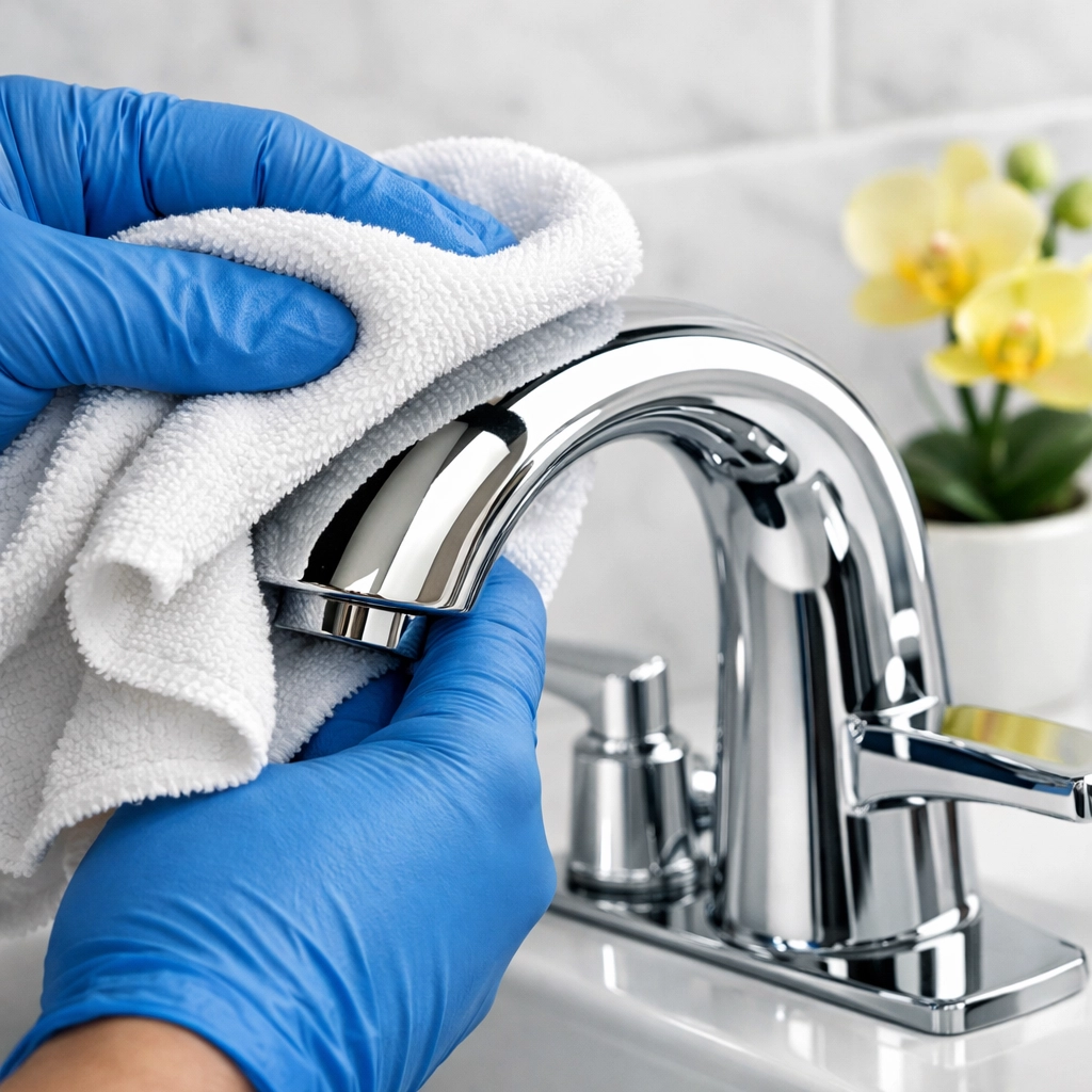 Sanitized bathroom chrome faucet illustrating detail-oriented house cleaning Shirley MA.