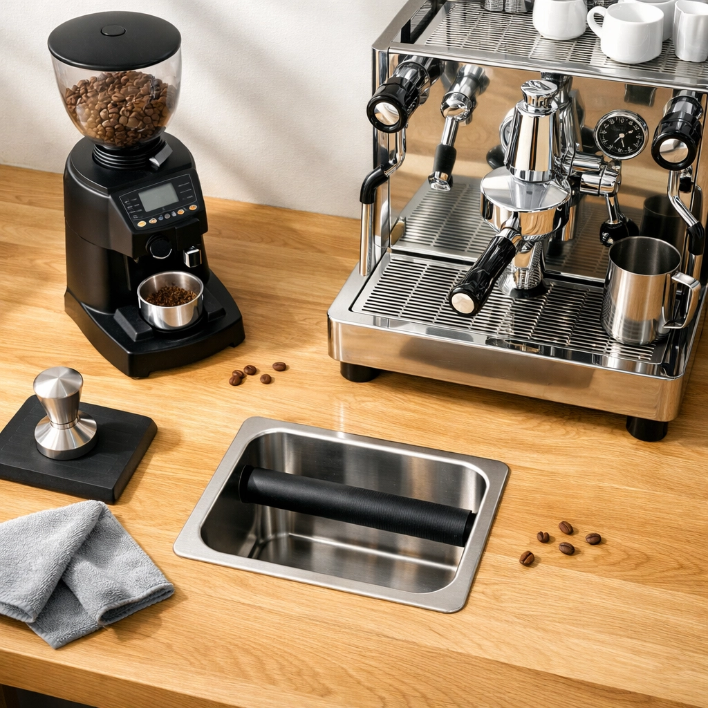Overhead view of a coffee shop counter layout with an espresso machine and professional grinder.