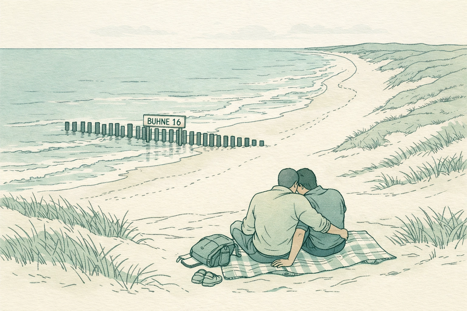 Gay couple relaxing at Buhne 16 nudist beach on Sylt Island, Germany