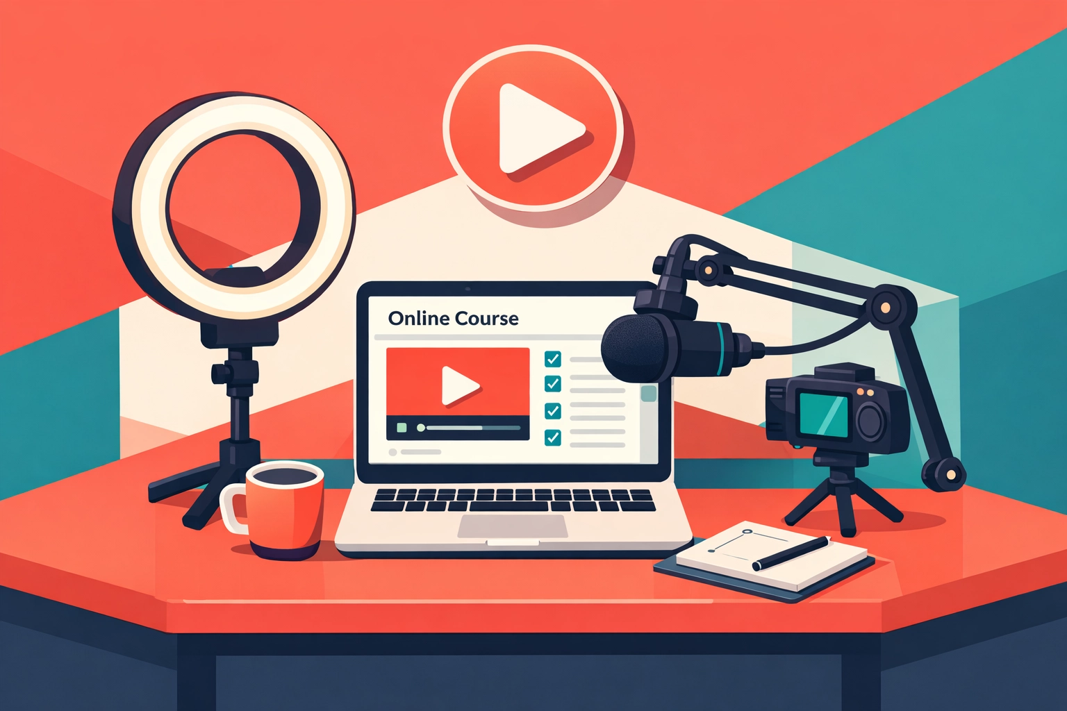 Home studio setup with laptop and equipment for creating online video courses to sell