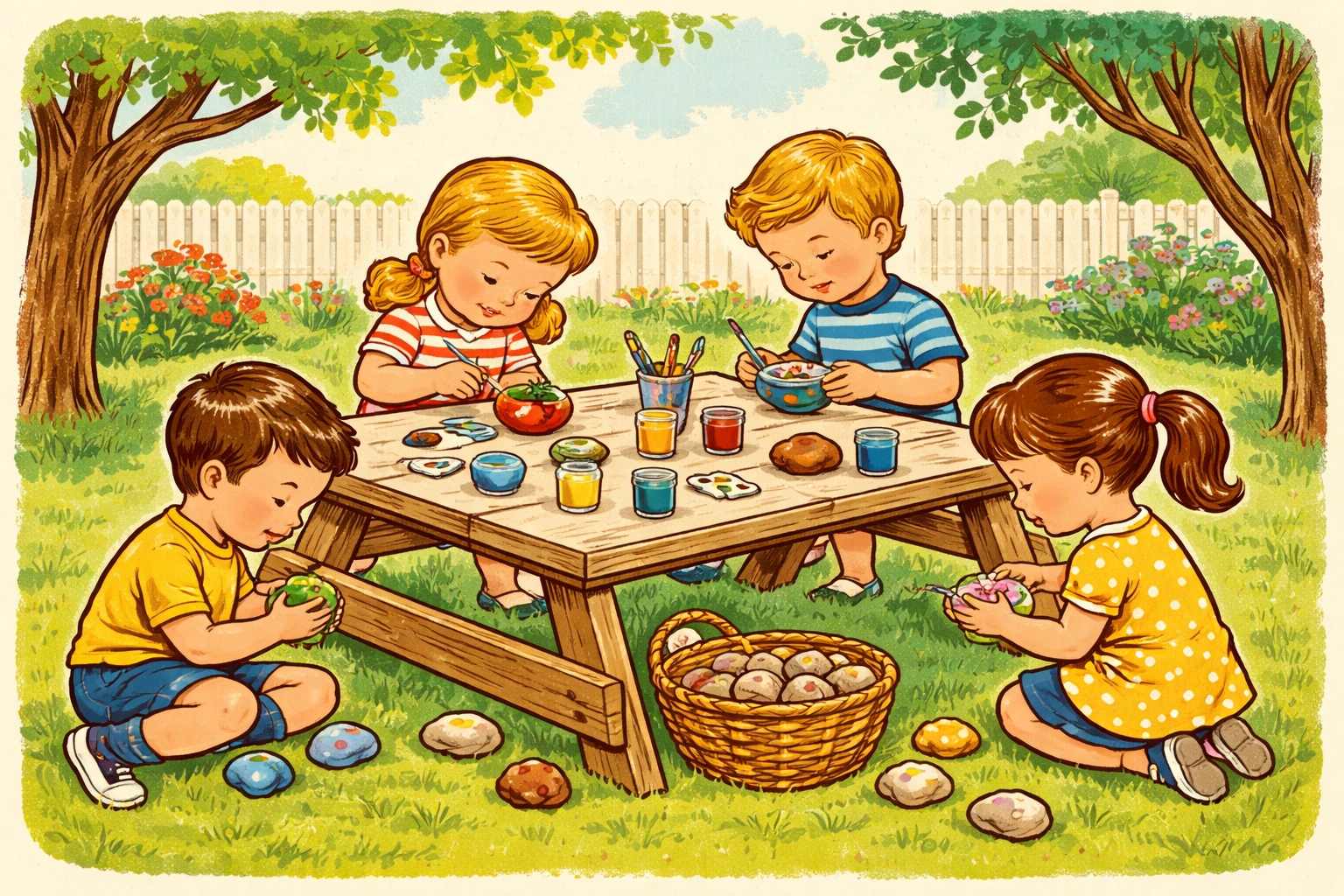 Kid painting a ladybug rock at a picnic table filled with outdoor craft supplies