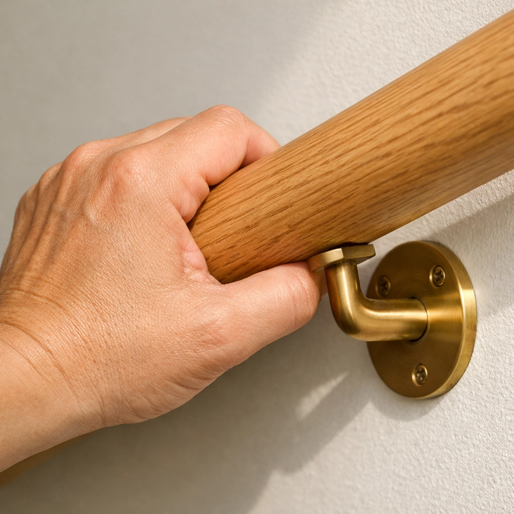A person's hand using a secure power grip on a wooden stair handrail for stability and fall prevention.